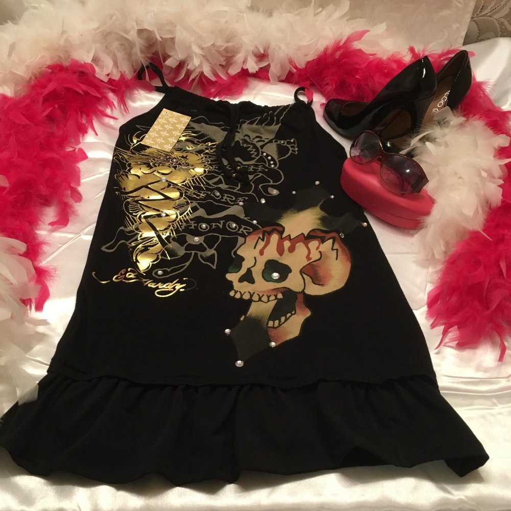 RARE vinatge custom Ed hardy dress with beautiful graphics and crystal details!